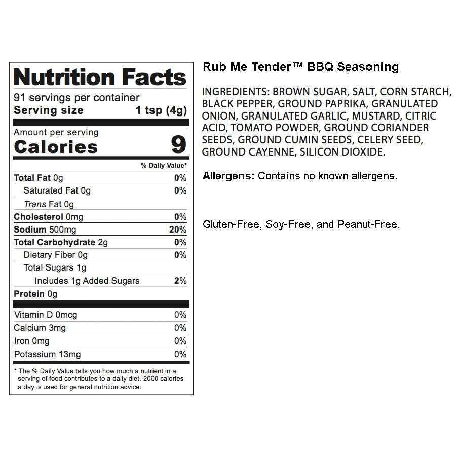 Boo and Henry's Rub Me Tender BBQ Seasoning nutritional label