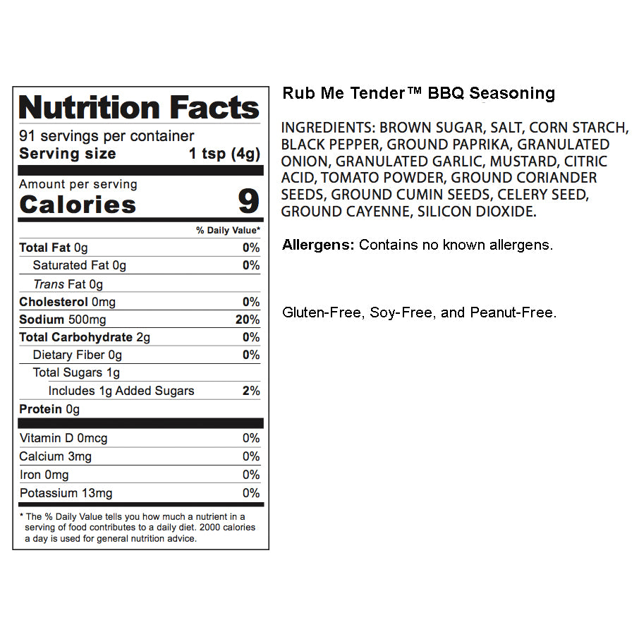 Boo and Henry's Rub Me Tender BBQ Seasoning nutritional label