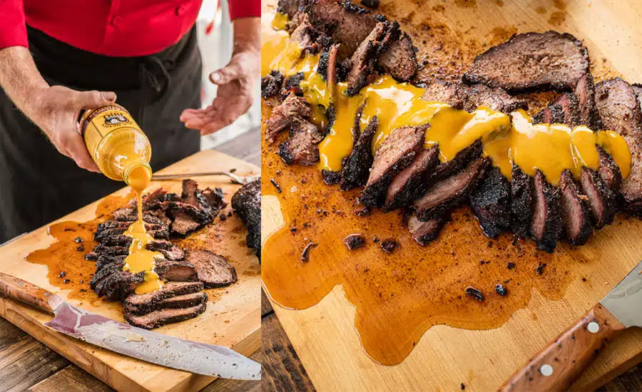 Boo and Henrys BBQ Carolina Gold Sweet Mustard Barbecue Sauce Poured over Beef
