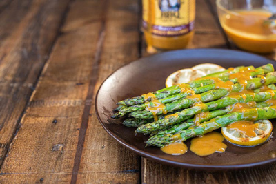Boo and Henry's BBQ Roasted Asparagus Drizzled with Sweet Mustard Barbecue Sauce